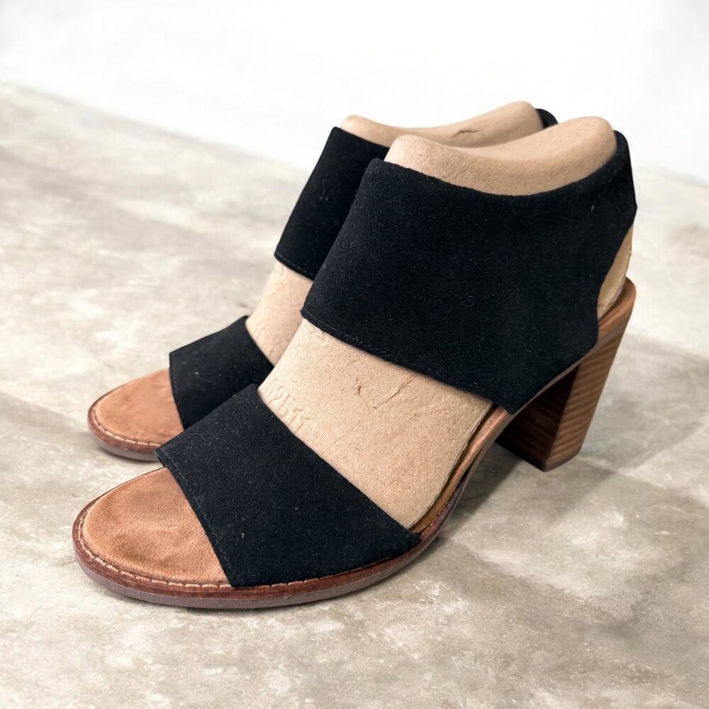 TOMS Majorca Cutout Sandals Size 8.5 – Black Suede Block Heel